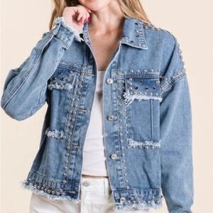 Studded Vervet Medium Wash Denim Jacket - Size Large